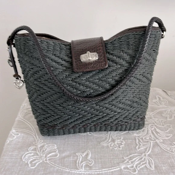 Brighton EUC Raffia Green Woven/Brown Leather Shoulder Bag - Picture 1 of 16